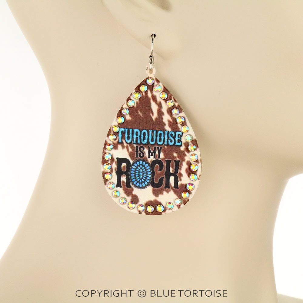 Cow Hide Concho Printed Teardrop Dangle Earrings - Image 2