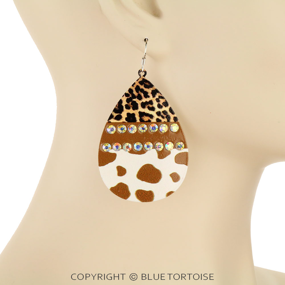 Cow Hide & Leopard Pattern Teardrop Dangle Earrings - Image 2