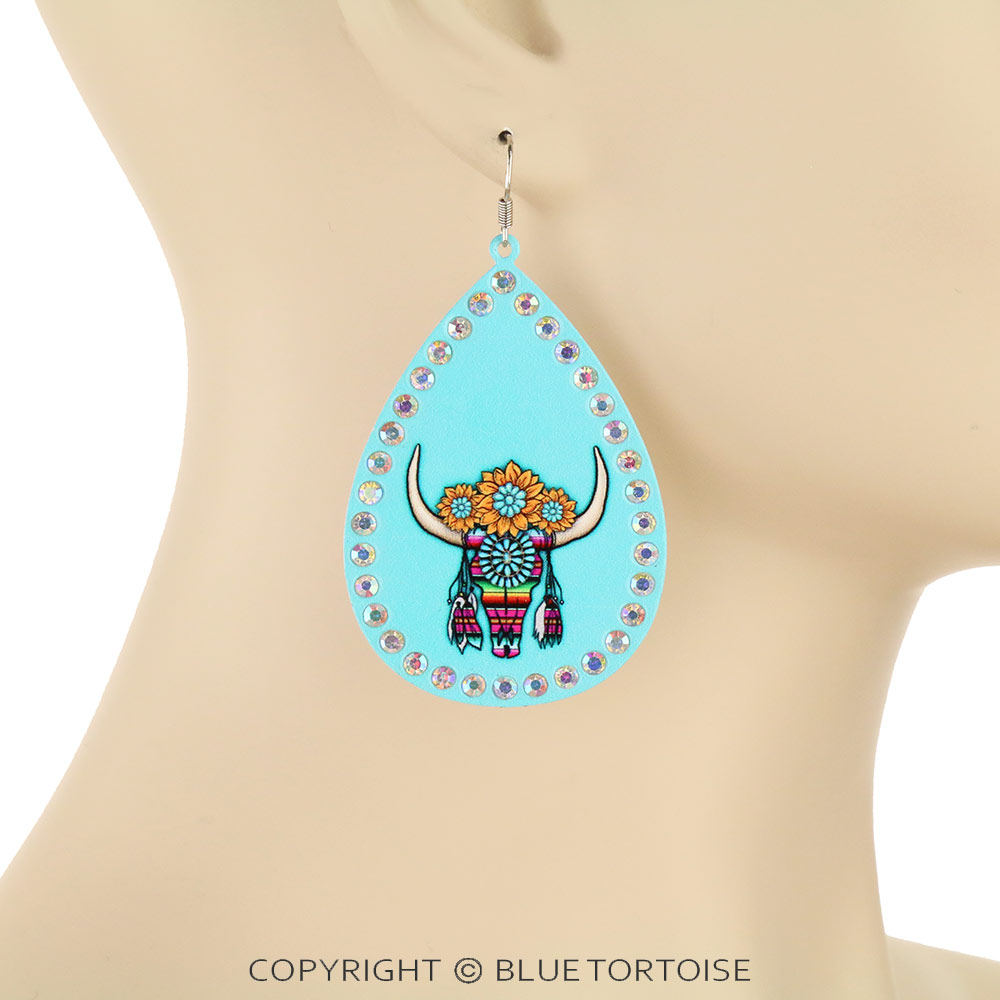 Steer Skull & Concho Printed Teardrop Dangle Earrings - Image 2