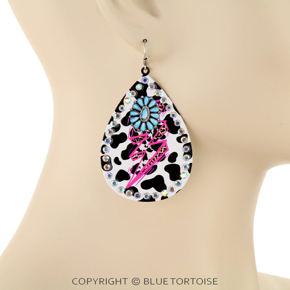 Cow Hide Concho Printed Teardrop Dangle Earrings - Image 2