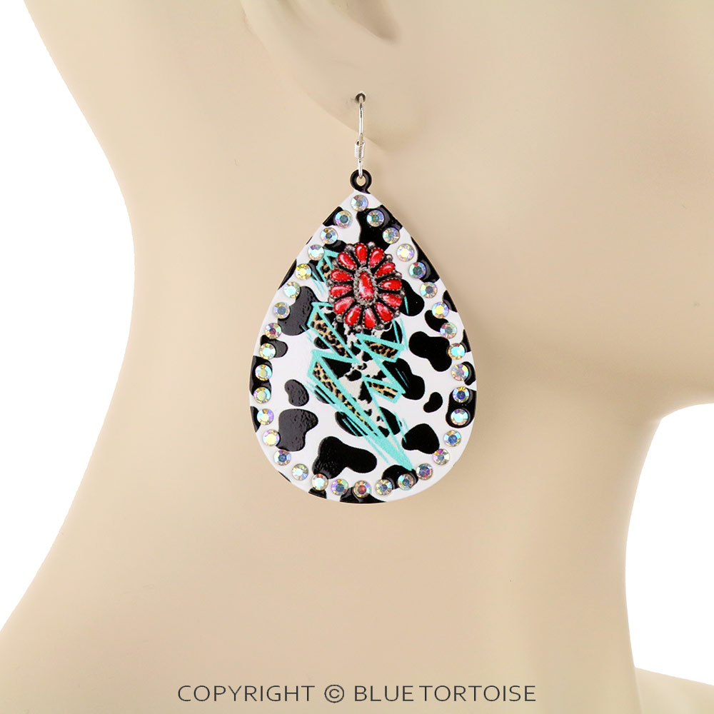 Cow Hide Concho Printed Teardrop Dangle Earrings - Image 2