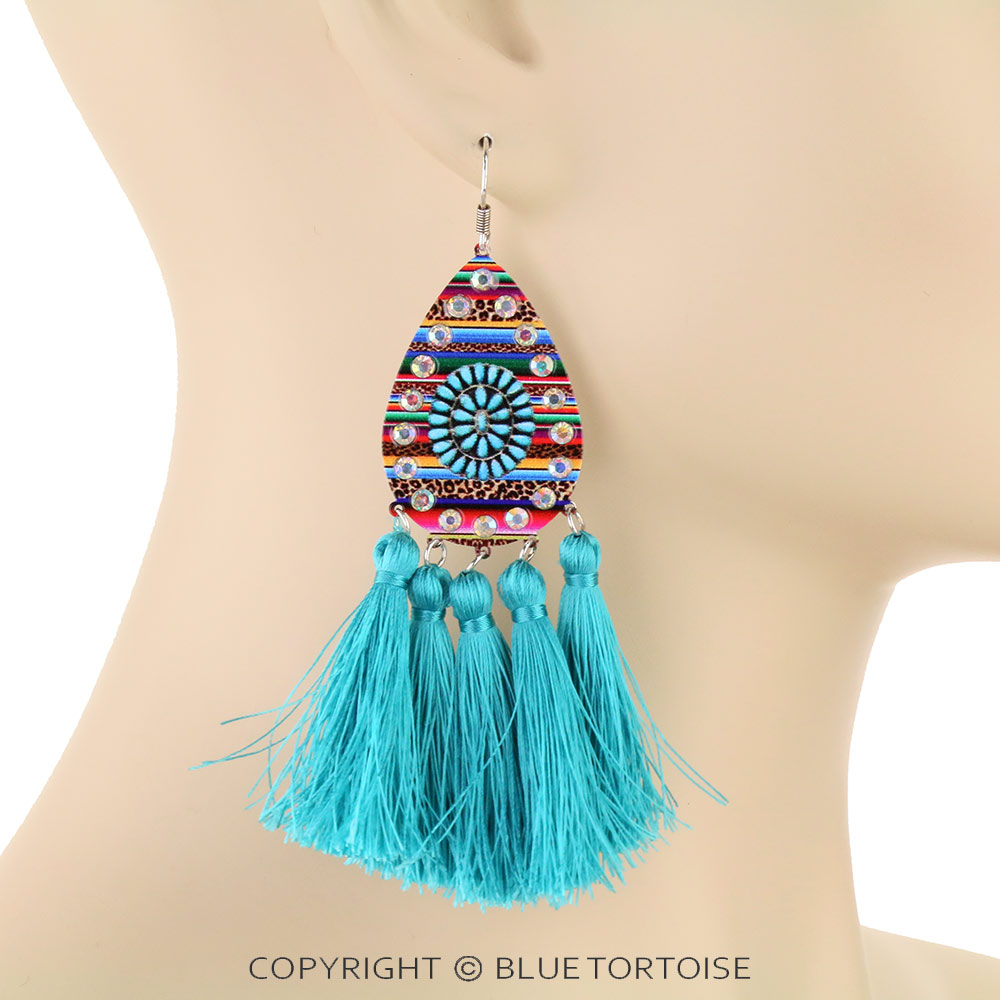 Concho Print Teardrop with Tassel Dangle Earrings - Image 2