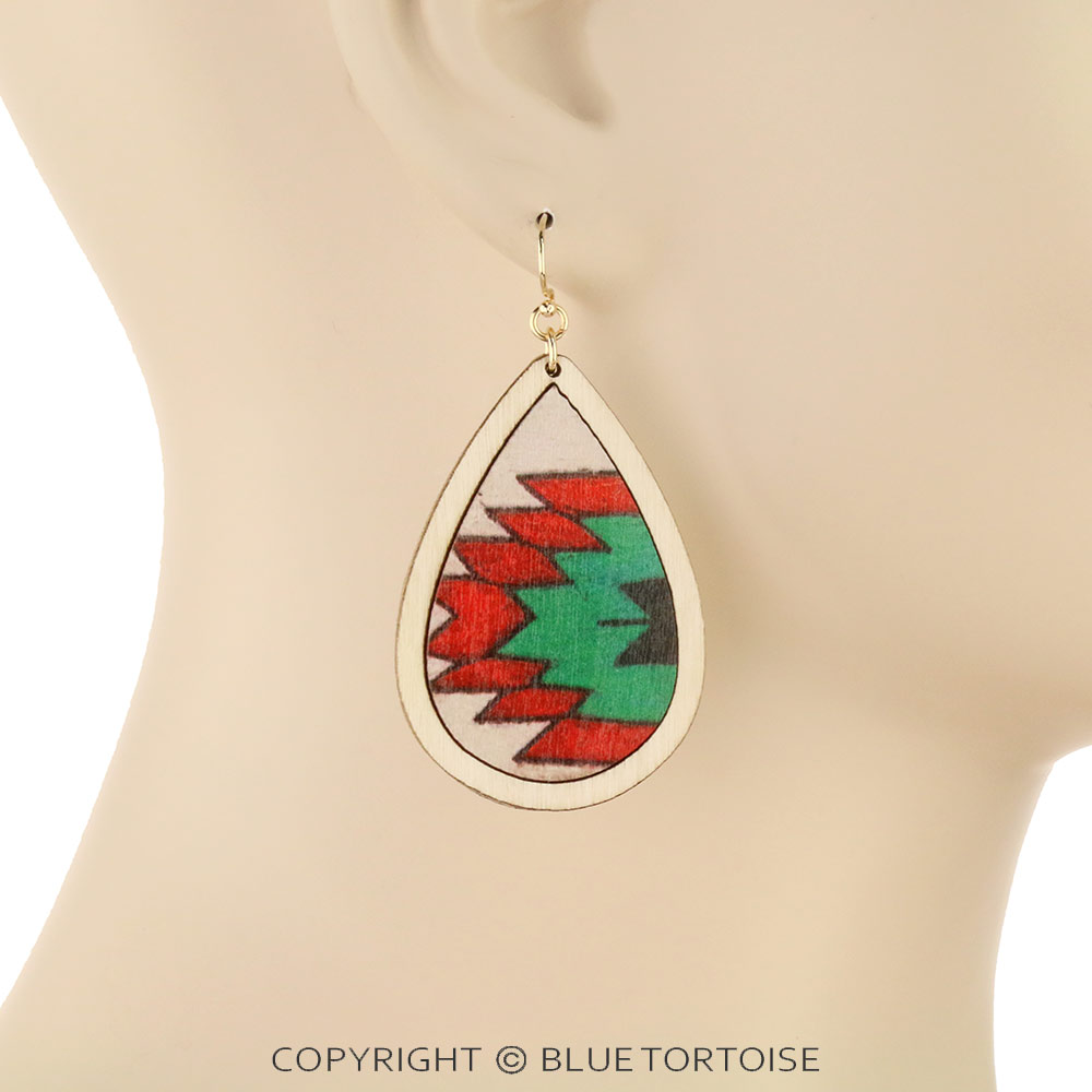 Aztec Printed Wood Teardrop Dangle Earrings - Image 2