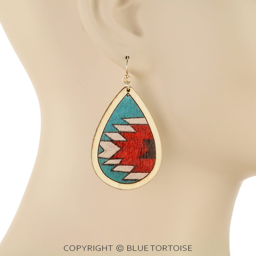 Aztec Printed Wood Teardrop Dangle Earrings - Image 2