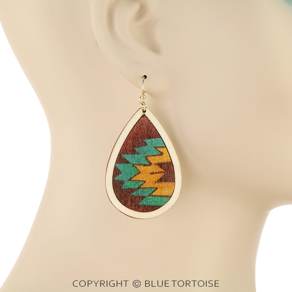 Aztec Printed Wood Teardrop Dangle Earrings - Image 2