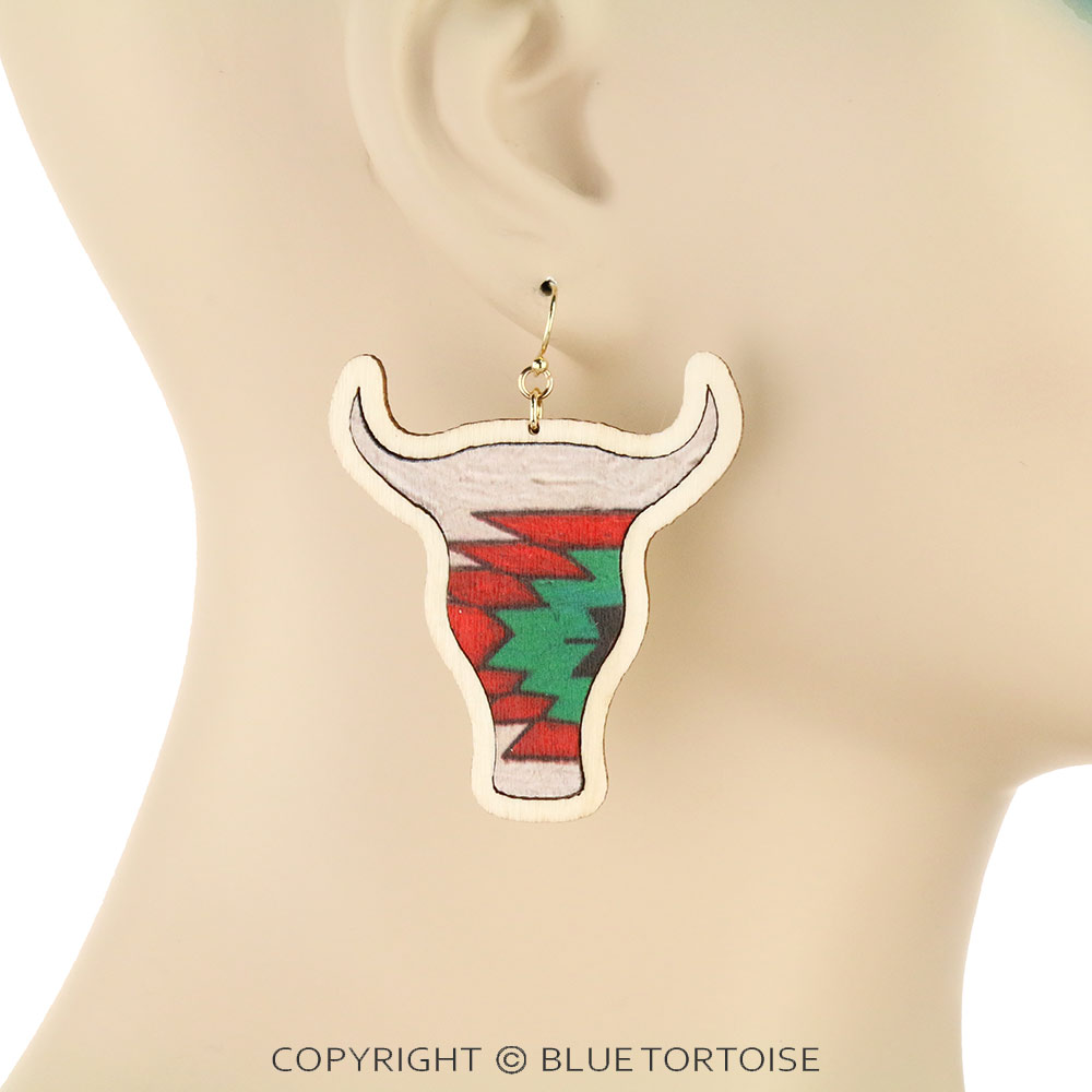 Aztec Printed Wood Steer Head Dangle Earrings - Image 2