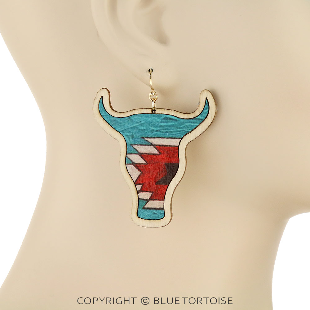 Aztec Printed Wood Steer Head Dangle Earrings - Image 2