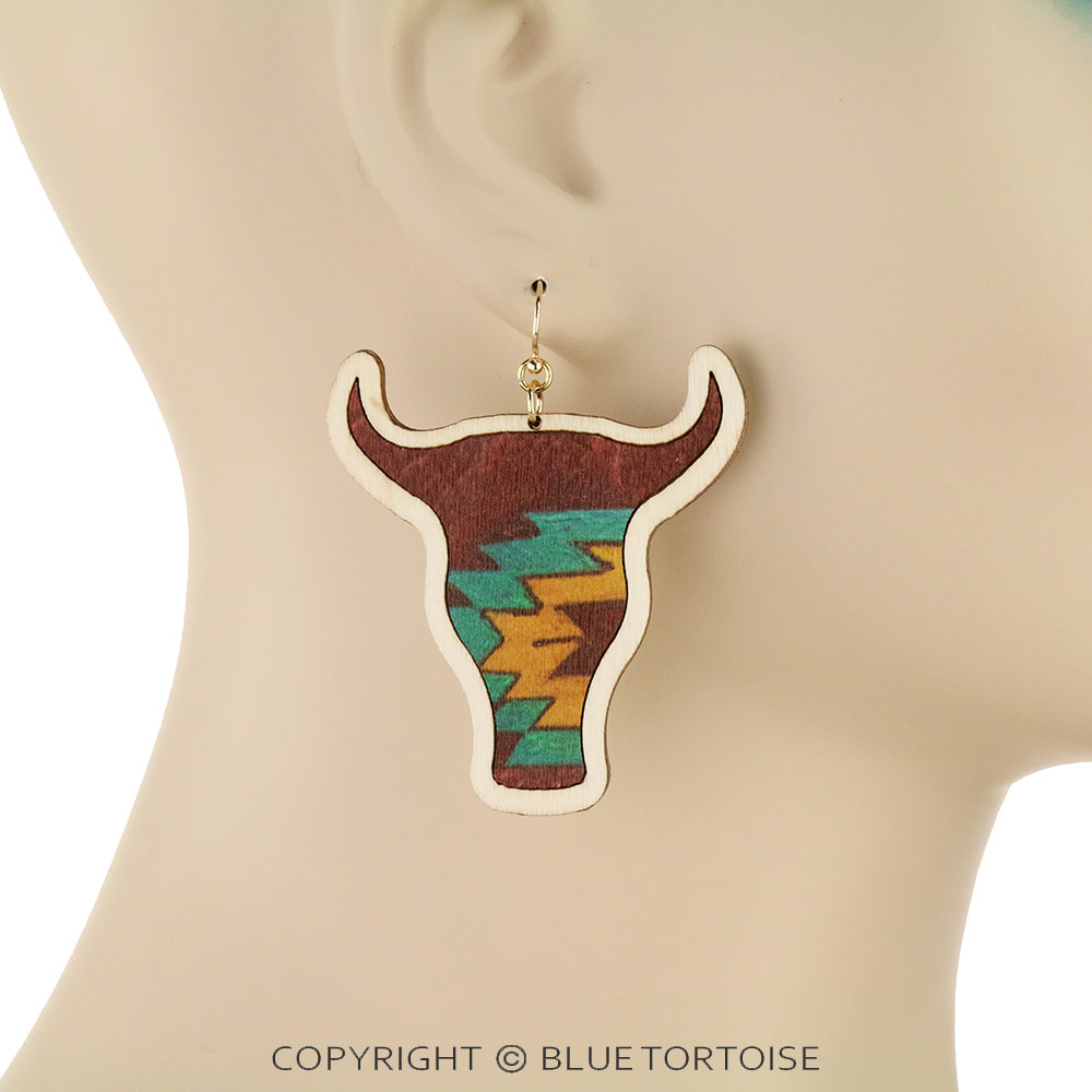 Aztec Printed Wood Steer Head Dangle Earrings - Image 2