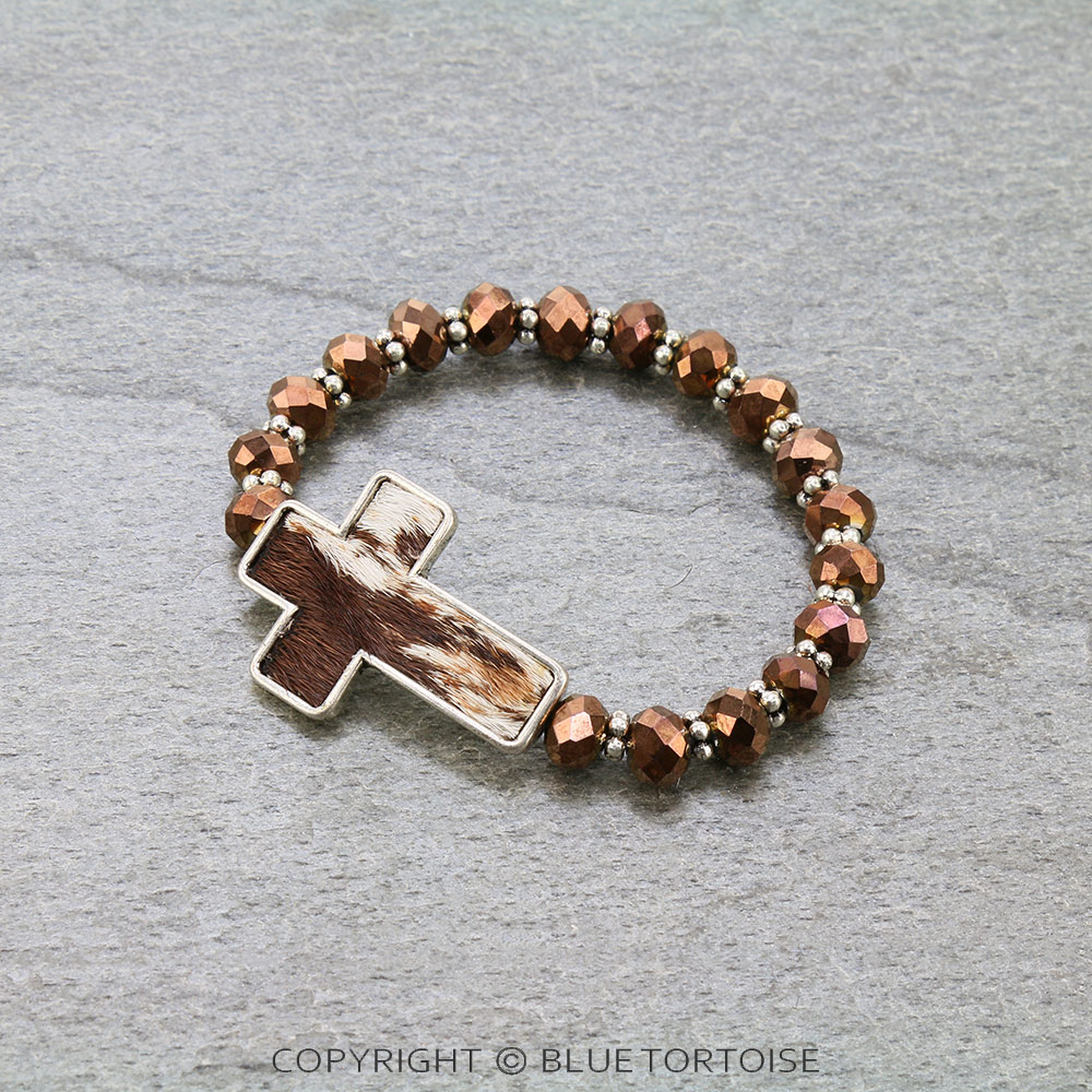 Genuine Leather Cross with Bead Stretch Bracelet