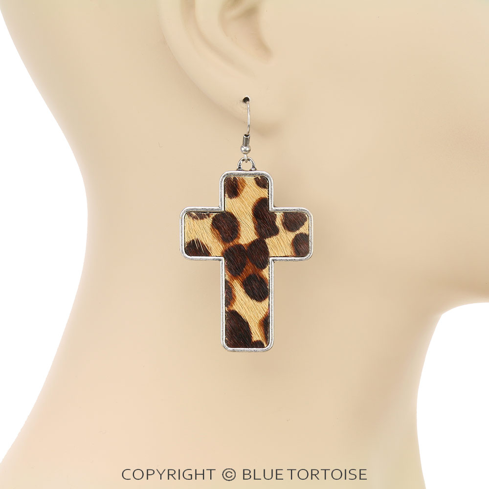Genuine Leather Cross Dangle Earrings - Image 2