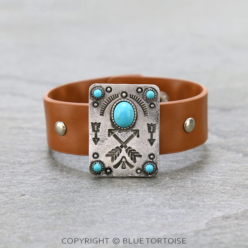 Western Stamping Look Arrow with Leather Snap Button Bracelet