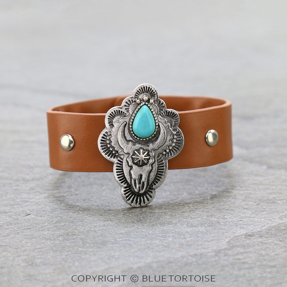 Western Stamping Look Steer Skull with Leather Snap Button Bracelet