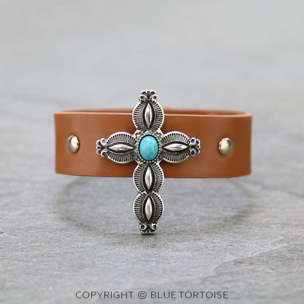Western Stamping Look Cross with Leather Snap Button Bracelet