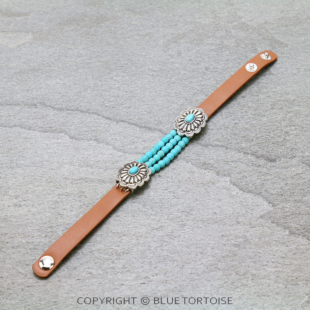 Western Concho with Bead Leather Snap Button Bracelet - Image 2