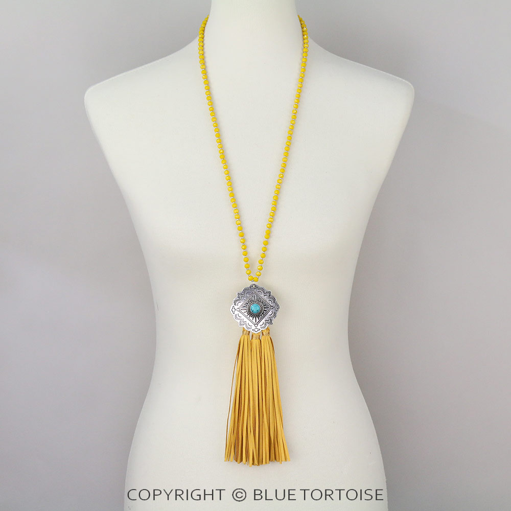 Western Concho with Tassel Glass Bead Necklace - Image 2