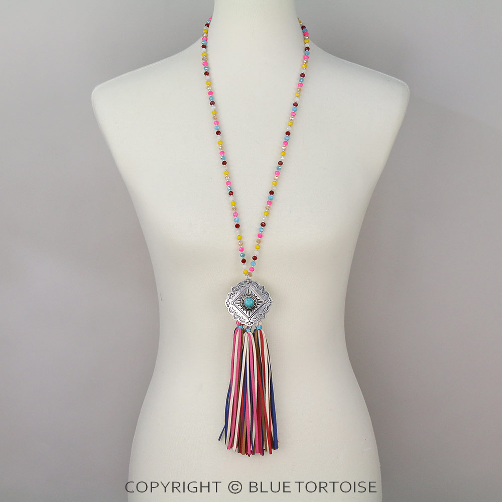 Western Concho with Tassel Glass Bead Necklace - Image 2