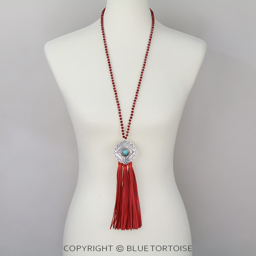 Western Concho with Tassel Glass Bead Necklace - Image 2
