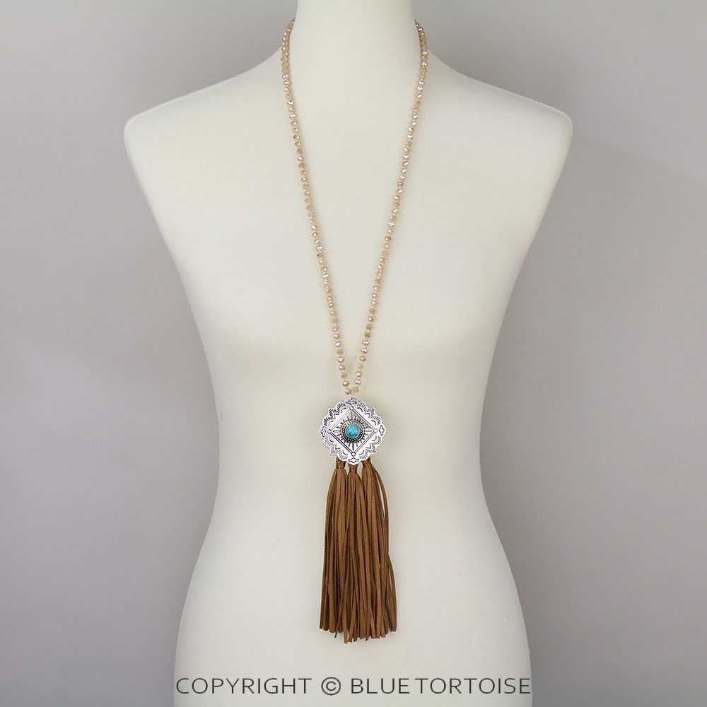 Western Concho with Tassel Glass Bead Necklace - Image 2