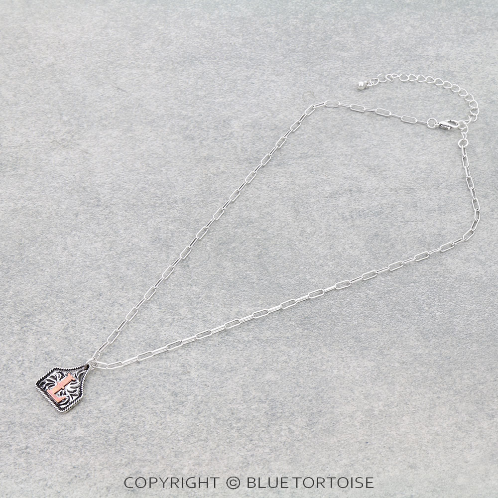 Western Etched Ear Tag Initial Necklace