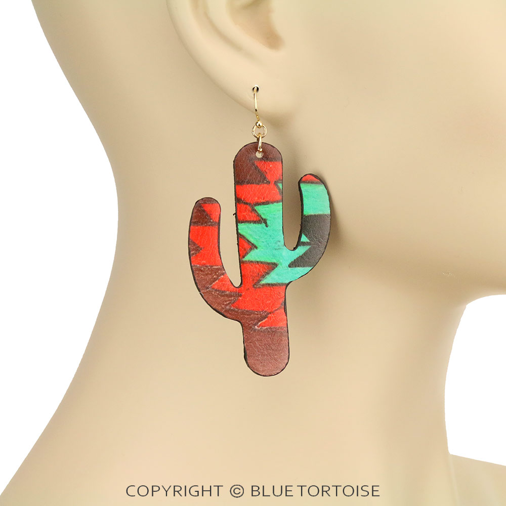 Aztec Printed Cactus Leather Dangle Earrings - Image 2
