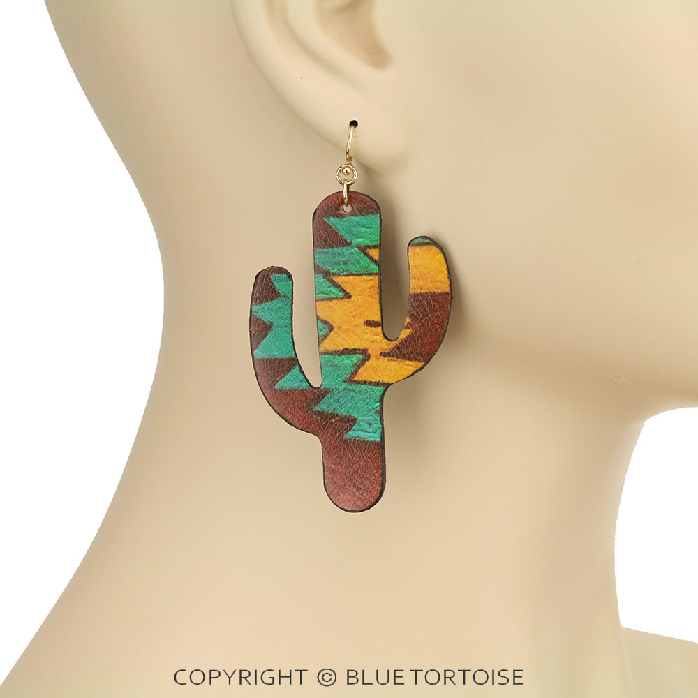 Aztec Printed Cactus Leather Dangle Earrings - Image 2