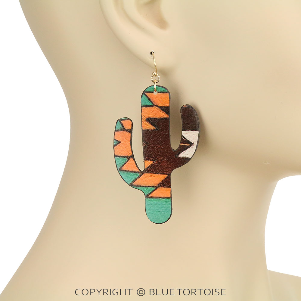 Aztec Printed Cactus Leather Dangle Earrings - Image 2