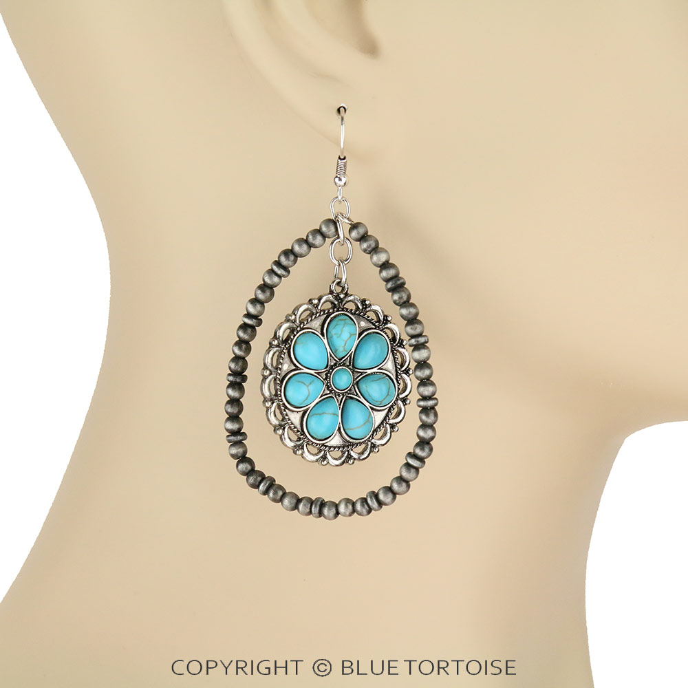 Navajo Style Pearl Teardrop with Flower Stone Dangle Earrings - Image 2