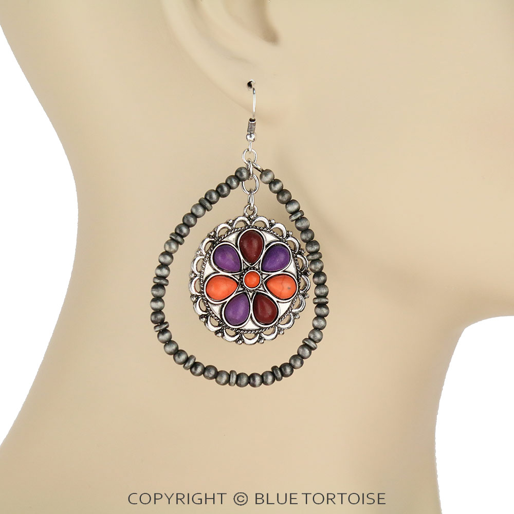 Navajo Style Pearl Teardrop with Flower Stone Dangle Earrings - Image 2