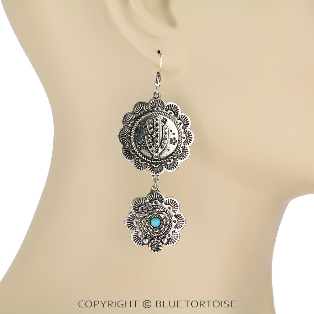 Western Style Cactus with Flower Drop Dangle Earrings - Image 2
