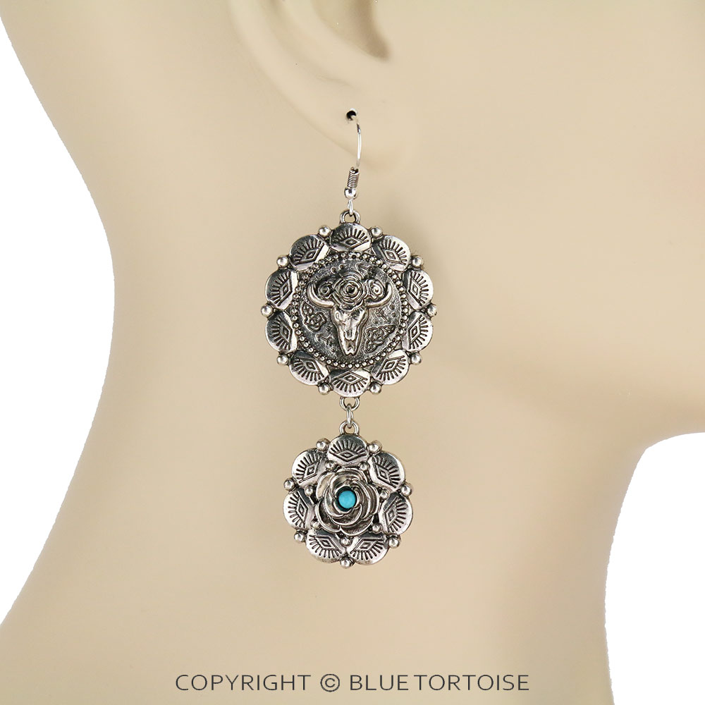 Western Style Longhorn with Flower Drop Dangle Earrings - Image 2
