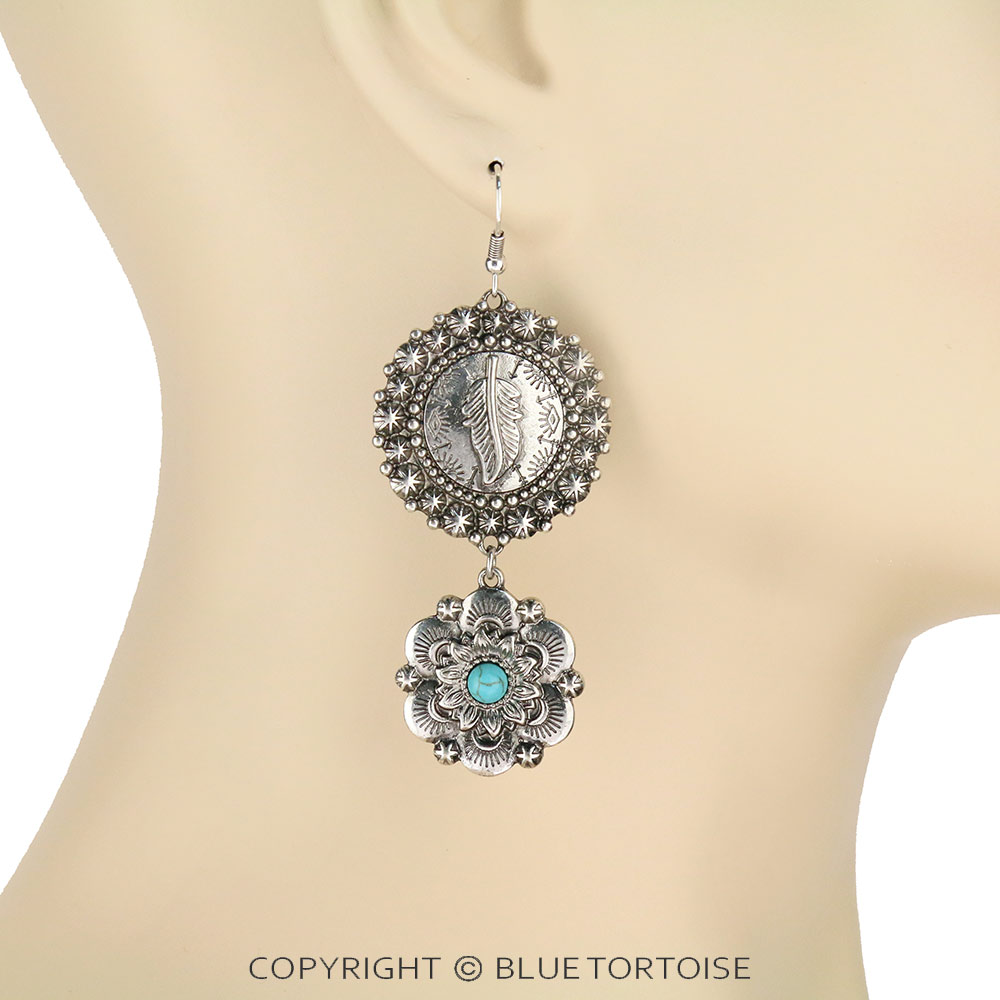 Western Style Feather with Flower Drop Dangle Earrings - Image 2