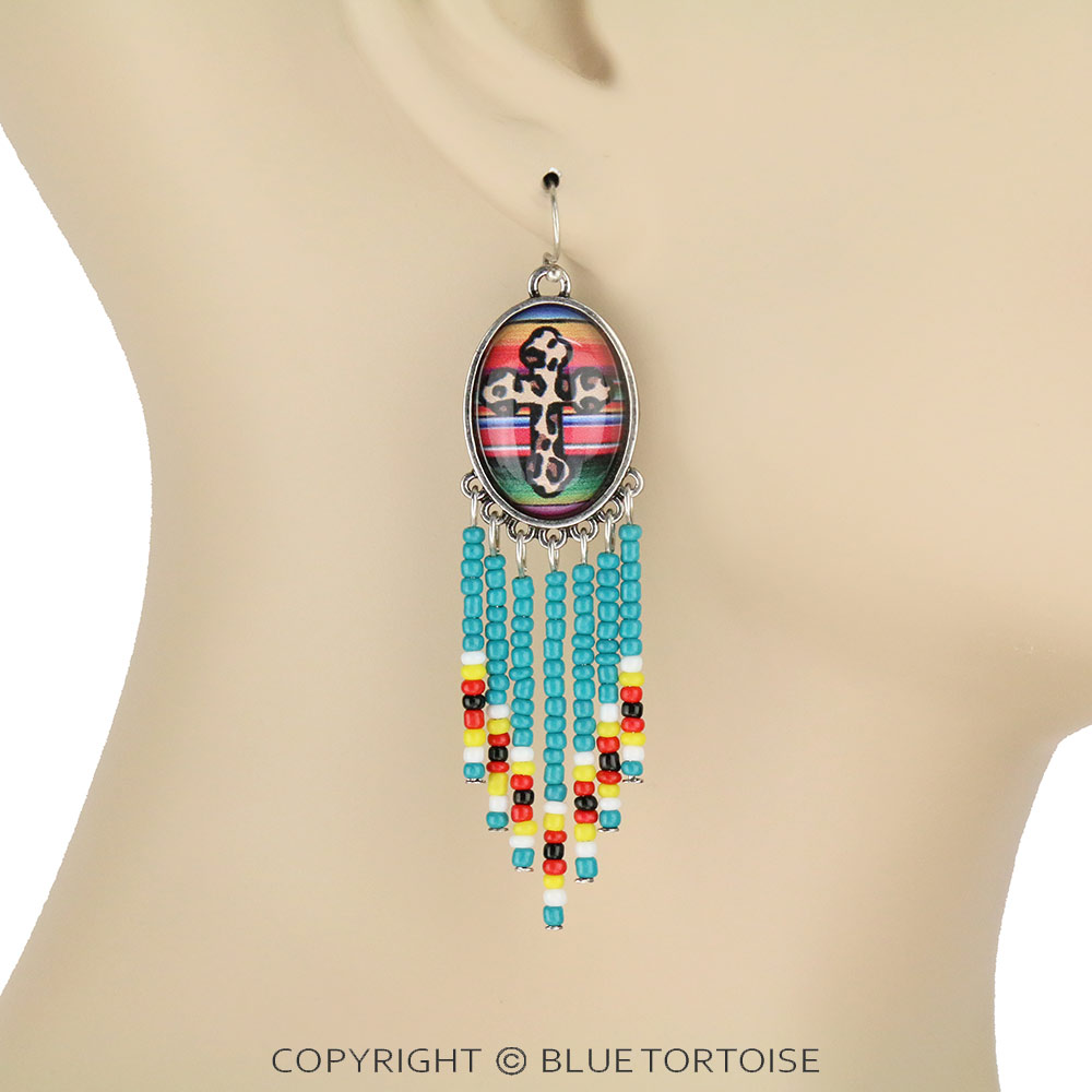 Cross Bubble with Seed Beads Tassel Dangle Earrings - Image 2