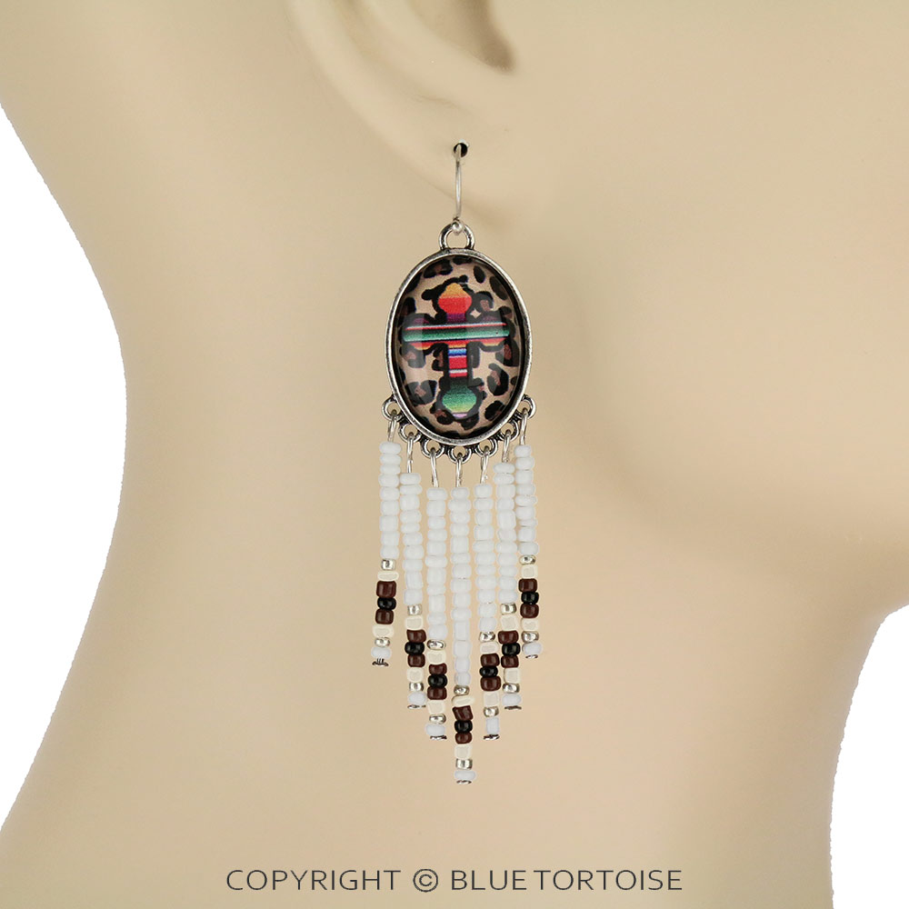 Cross Bubble with Seed Beads Tassel Dangle Earrings - Image 2