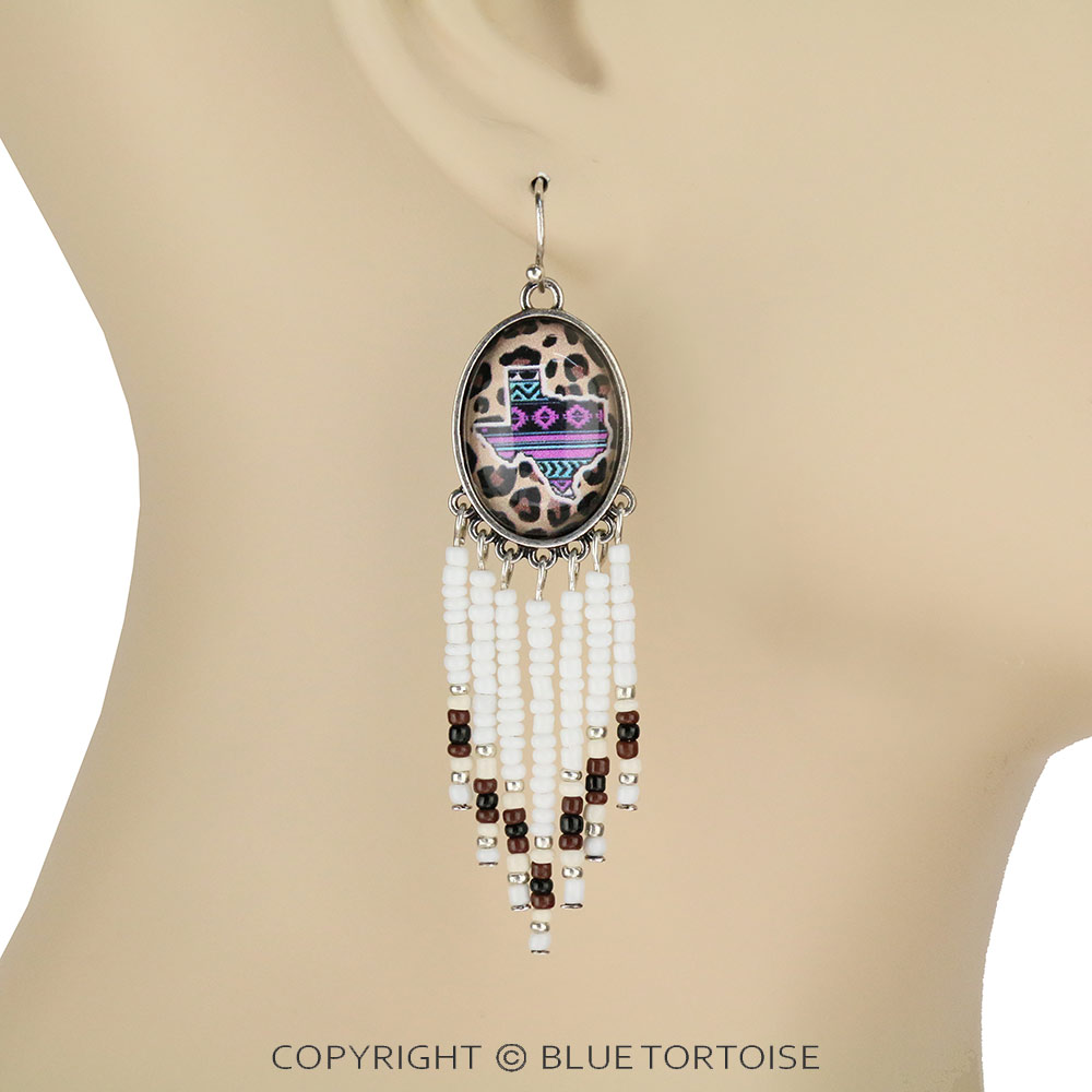 Texas Map Bubble with Seed Beads Tassel Dangle Earrings - Image 2