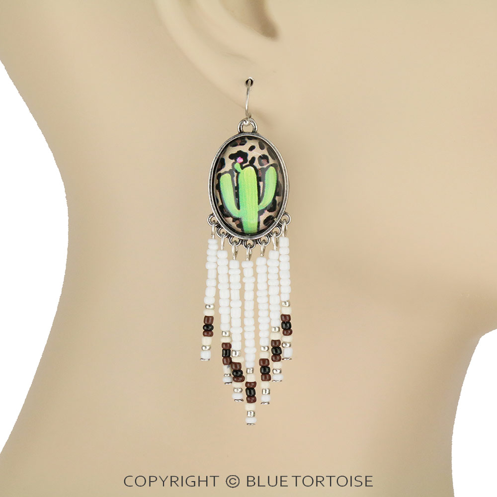 Cactus Bubble with Seed Beads Tassel Dangle Earrings - Image 2