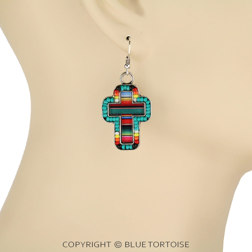 Serape Cross with Seed Bead Dangle Earrings - Image 2
