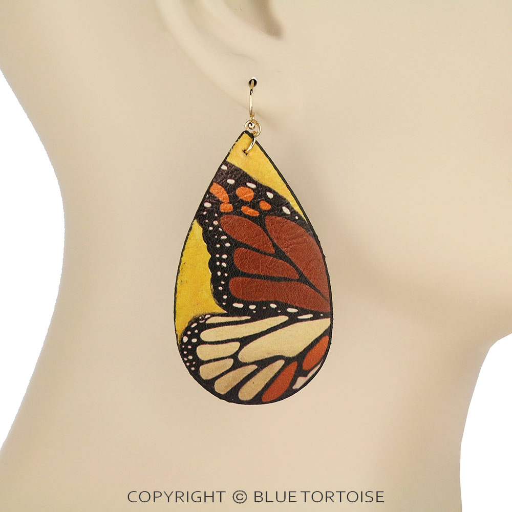 Butterfly Printed Teardrop Leather Dangle Earrings - Image 2