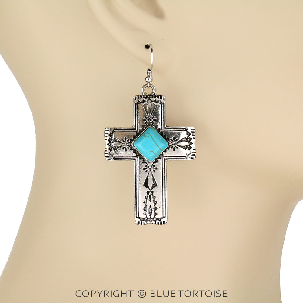 Western Cross Stone Dangle Earrings - Image 2