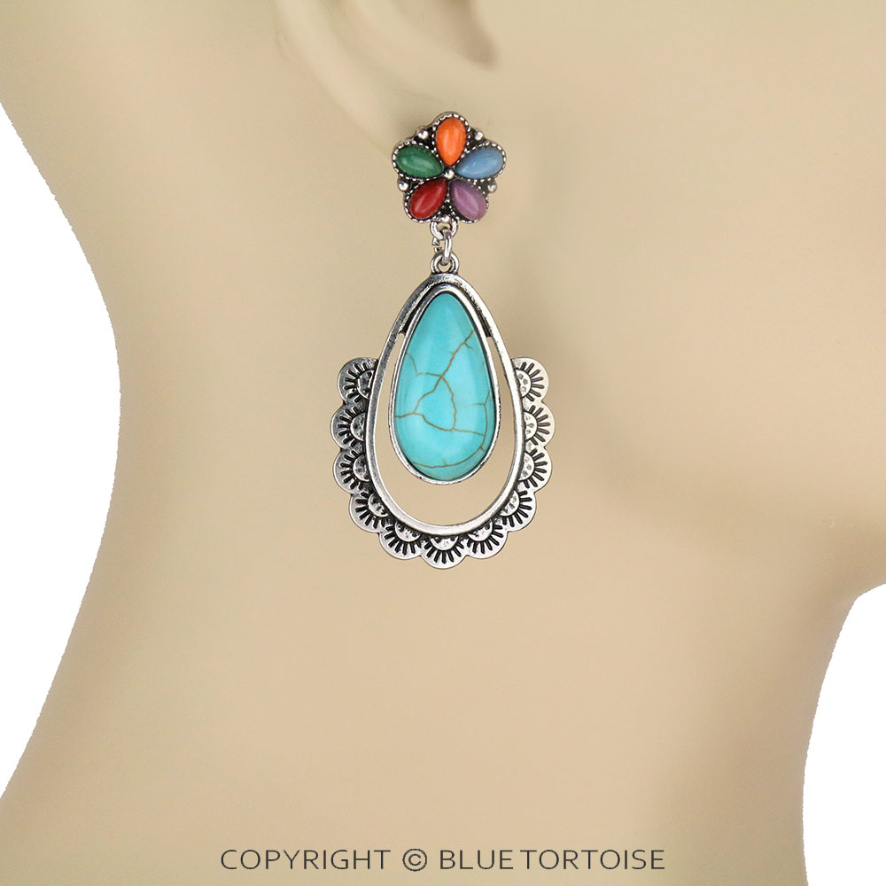 Western Teardrop Stone Drop Stud Earrings - Image 2
