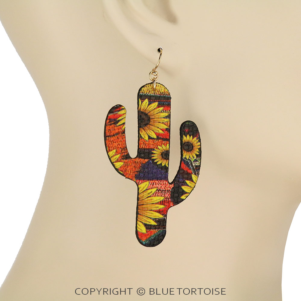 Sunflower Printed Cactus Dangle Earrings - Image 2