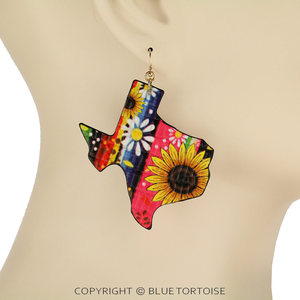 Sunflower Printed Texas Map Dangle Earrings - Image 2