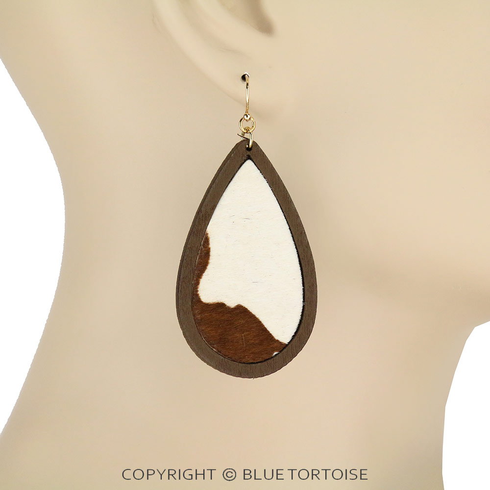 Genuine Leather Wood Teardrop Dangle Earrings - Image 2