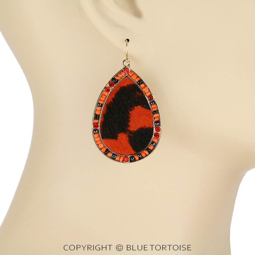 Genuine Leather Teardrop with Seed Bead Dangle Earrings - Image 2