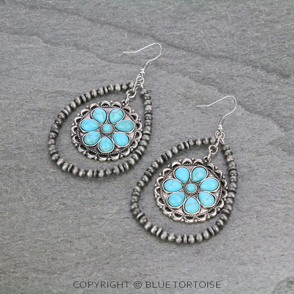 Navajo Style Pearl Teardrop with Flower Stone Dangle Earrings