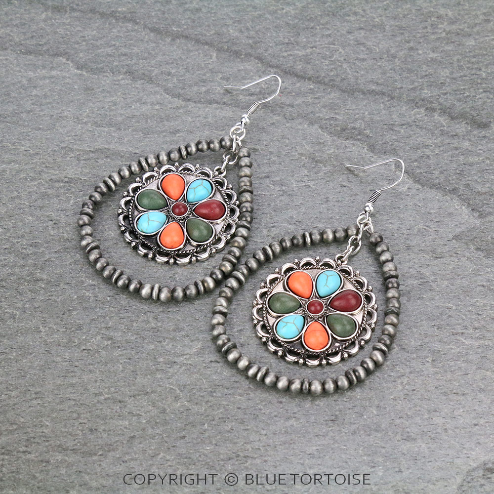 Navajo Style Pearl Teardrop with Flower Stone Dangle Earrings