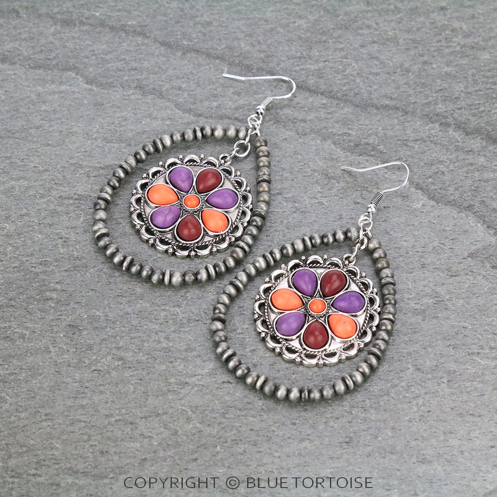 Navajo Style Pearl Teardrop with Flower Stone Dangle Earrings