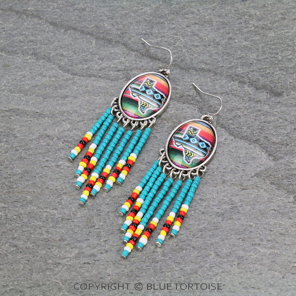Texas Map Bubble with Seed Beads Tassel Dangle Earrings