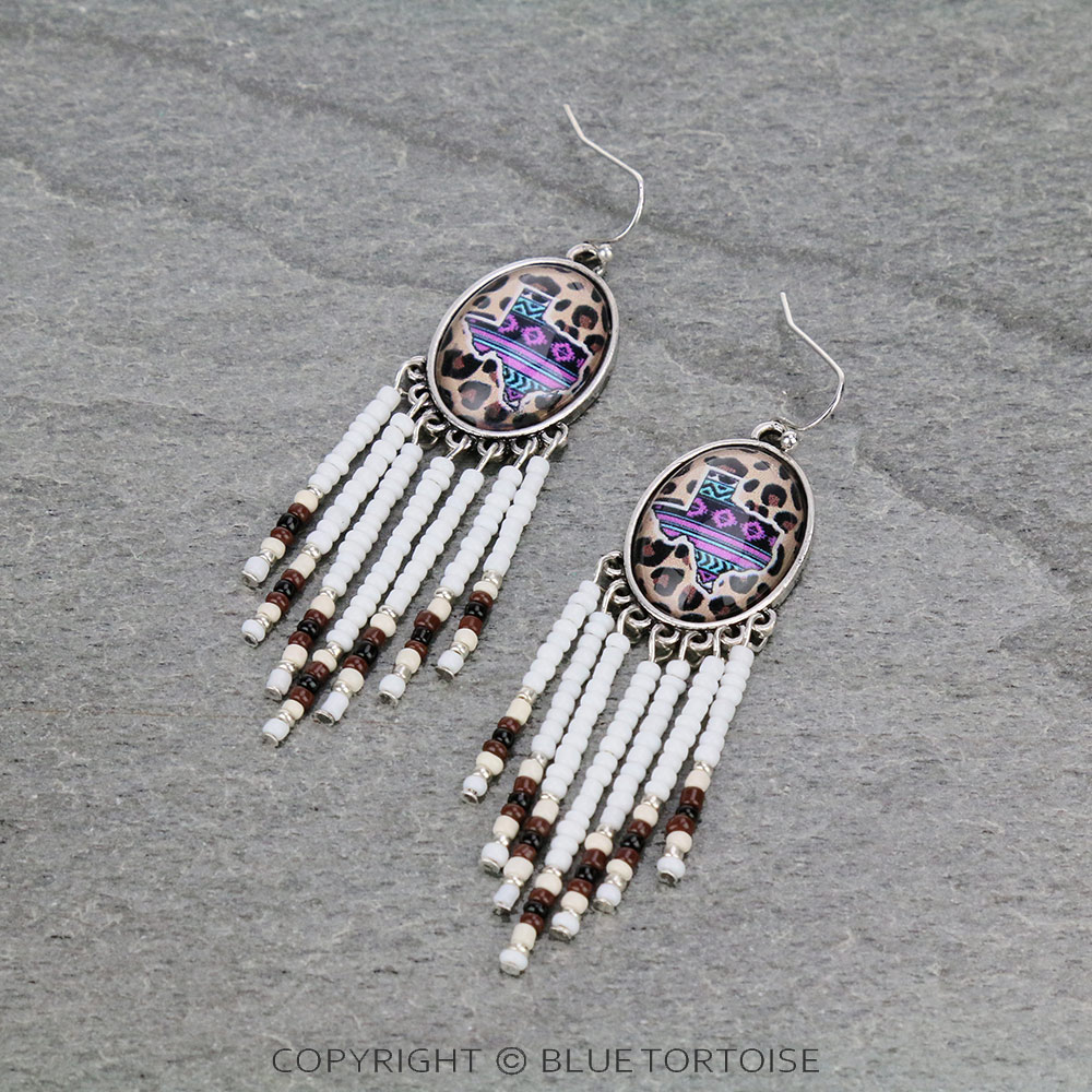 Texas Map Bubble with Seed Beads Tassel Dangle Earrings