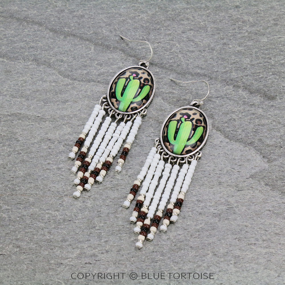 Cactus Bubble with Seed Beads Tassel Dangle Earrings