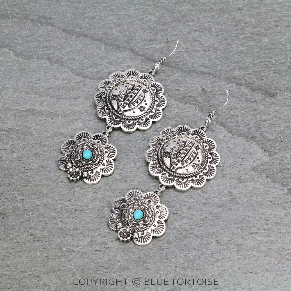 Western Style Cactus with Flower Drop Dangle Earrings
